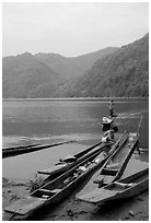 Typical dugout boats on the shore of Ba Be Lake. Northeast Vietnam ( black and white)