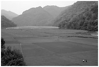 Rice fields below the Pac Ngoi village on the shores of Ba Be Lake. Northeast Vietnam ( black and white)