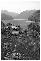 Thatched Roofs of Pac Ngoi village and fields. Northeast Vietnam ( black and white)