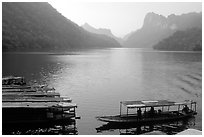 Boats on the shores of Ba Be Lake. Northeast Vietnam ( black and white)