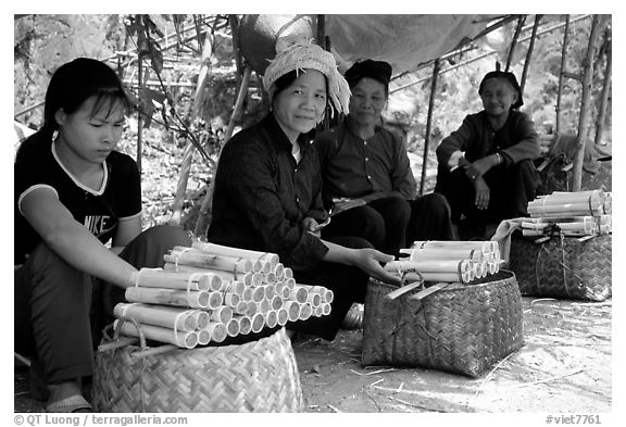 Women selling sweet rice cooked in bamboo tubes. Vietnam