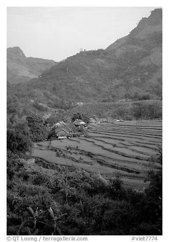 Minority village and rice terraces, near Mai Chau. Northwest Vietnam (black and white)