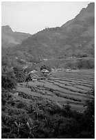 Minority village and rice terraces, near Mai Chau. Northwest Vietnam (black and white)
