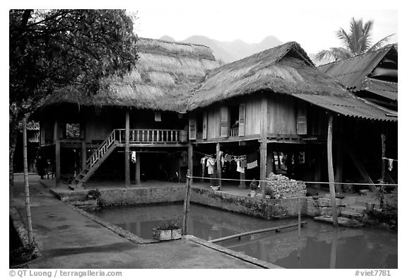 Stilt houses with thatched roofs of Ban Lac village. Northwest Vietnam