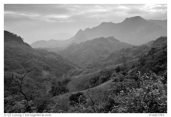 Lush mountain scenery between Moc Chau and Yeu Chau. Northwest Vietnam (black and white)