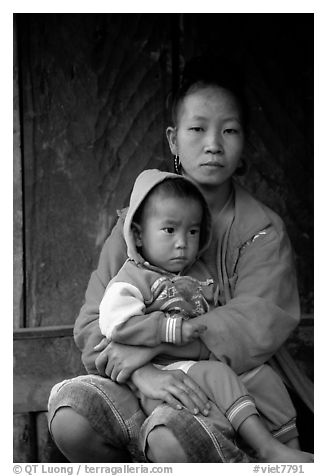 Hmong woman and boy, Xa Linh village. Northwest Vietnam (black and white)