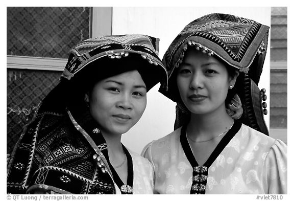 Two thai women in traditional dress, Son La. Northwest Vietnam (black and white)