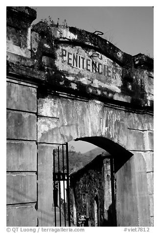 Door of the infamous colonial  prison, Son La. Northwest Vietnam (black and white)
