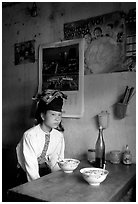 Thai woman in a restaurant, Tuan Chau. Northwest Vietnam ( black and white)