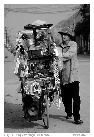 Street vendor uses his bicycle as a shop, Tam Duong. Northwest Vietnam (black and white)
