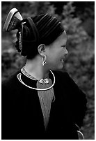 Woman of the Red Hmong ethnic group, with a helmet-like hairstyle, near Tam Duong. Northwest Vietnam (black and white)