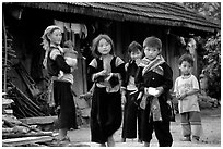 Hmong family in front of their home, near Tam Duong. Northwest Vietnam ( black and white)