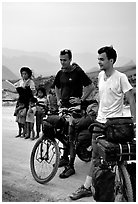 Western adventure travellers on mountain bikes, near Tam Duong. Northwest Vietnam ( black and white)