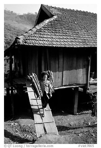 Montagnard child carries logs out of her house, between Tuan Giao and Lai Chau. Northwest Vietnam