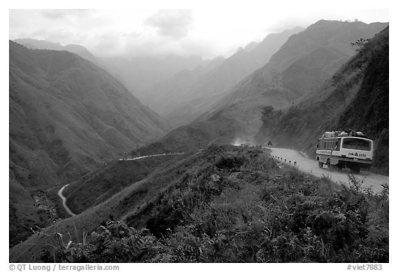 Steep road ascends the Tram Ton Pass near Sapa. Northwest Vietnam (black and white)