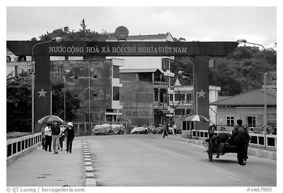 The Vietnamese side of the border crossing at Lao Cai. Vietnam (black and white)