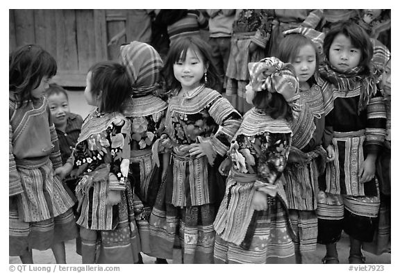 Flower Hmong schoolchildren. Bac Ha, Vietnam (black and white)