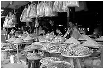 A variety of dried shrimp and fish for sale. Ha Tien, Vietnam ( black and white)