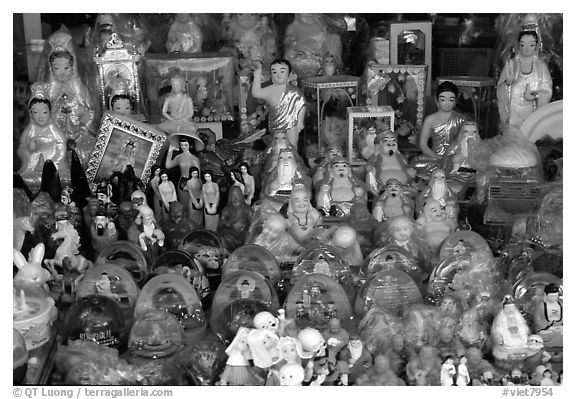 Religious souvenirs for sale. Chau Doc, Vietnam (black and white)