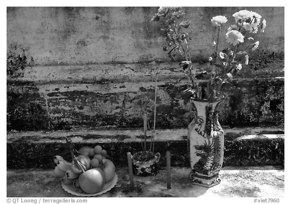 Flowers, fruit, and incense offered on a grave. Ben Tre, Vietnam (black and white)