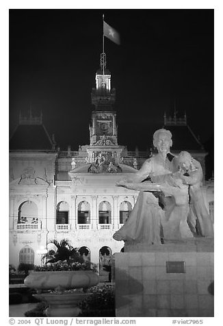 City townhall and Ho Chi Minh sculpture. Ho Chi Minh City, Vietnam (black and white)