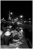 Night market, with the little Eiffel Tower in the background. Da Lat, Vietnam (black and white)