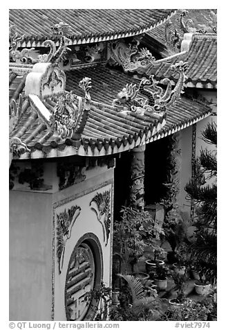 Roofs detail of one of the sanctuaries on the Marble Mountains. Da Nang, Vietnam (black and white)