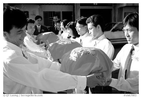 Gifts are exchanged in front of the bride's home. Ho Chi Minh City, Vietnam
