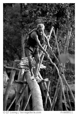 Elderly man not afraid of crossing a bamboo bridge, near Long Xuyen. Vietnam (black and white)