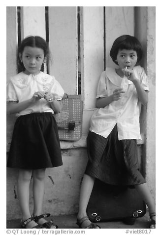 Uniformed junior school girls, Ho Chi Minh city. Vietnam (black and white)