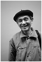 Man wearing the French beret, Hanoi. Vietnam (black and white)