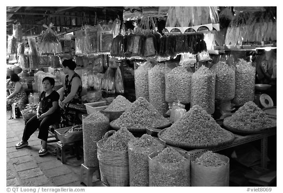 Dried shrimp for sale in the Bin Tay wholesale market in Cholon, district 6. Cholon, Ho Chi Minh City, Vietnam (black and white)