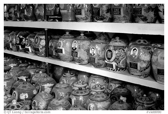 Cremation is popular. Ashes are collected in individual funeral urns. Ho Chi Minh City, Vietnam (black and white)