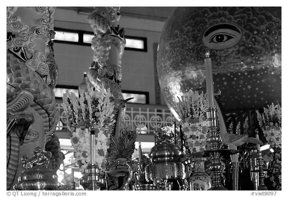 Globe with Cao Dai eye inside the great temple. Tay Ninh, Vietnam (black and white)