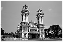 The great Cao Dai temple, with oriental and occidental features. Tay Ninh, Vietnam (black and white)