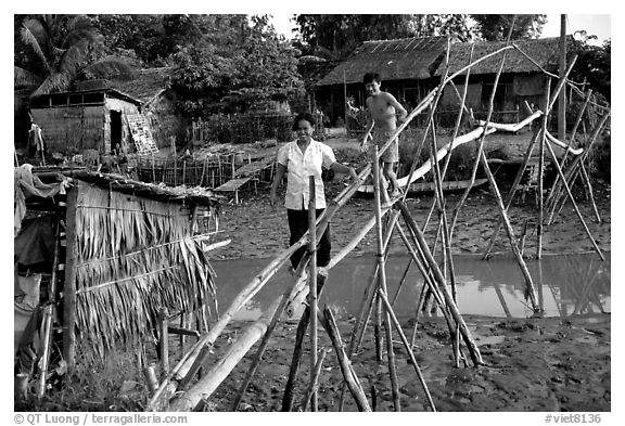Bamboo bridge near Long Xuyen. Mekong Delta, Vietnam (black and white)