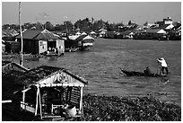Floating houses on the Hau Gian river. Chau Doc, Vietnam (black and white)