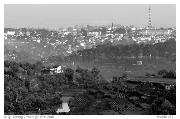 View of the town and hills. Da Lat, Vietnam (black and white)