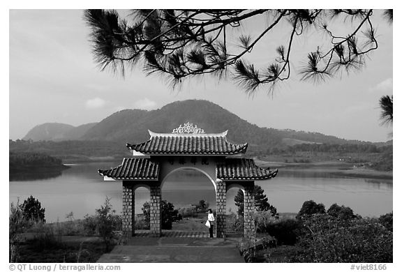 Pagoda set aside one of the many lakes. Da Lat, Vietnam (black and white)