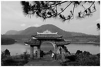 Pagoda set aside one of the many lakes. Da Lat, Vietnam ( black and white)