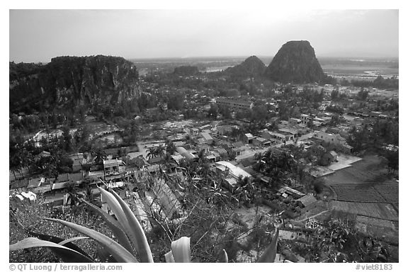 Marble mountains seen from Thuy Son. Da Nang, Vietnam (black and white)
