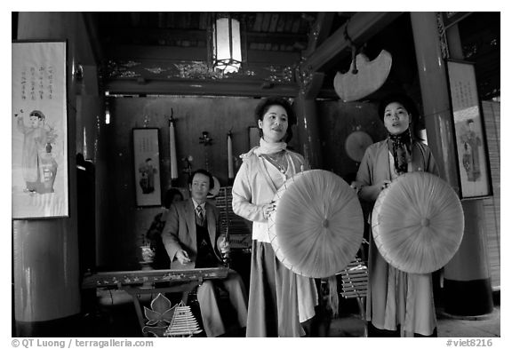 Traditional musicians and singers, Temple of Literature. Hanoi, Vietnam (black and white)