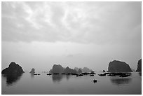 Distant view of the bay with its three thousands limestone islets. Halong Bay, Vietnam ( black and white)