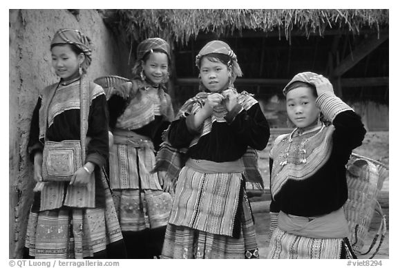 Young Flower Hmong  women. Bac Ha, Vietnam (black and white)