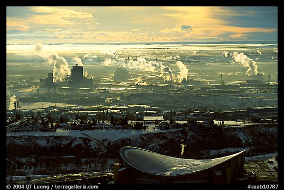 Stadium and industrial exhaust seen from the Tower. Calgary, Alberta, Canada (color)