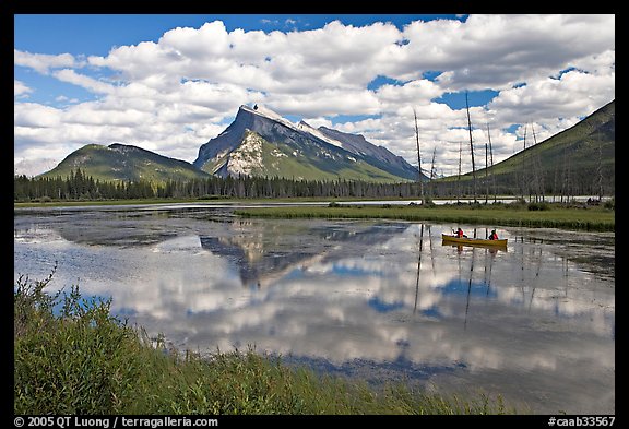 Canoe on first Vermillion Lake, afternon. Banff National Park, Canadian Rockies, Alberta, Canada