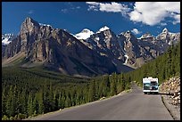 RV on the road to the Valley of Ten Peaks. Banff National Park, Canadian Rockies, Alberta, Canada
