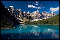 Moraine Lake reflecting the Wenkchemna Peaks, mid-morning. Banff National Park, Canadian Rockies, Alberta, Canada (color)