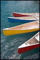 Close up of red, yellow and blue canoes, Moraine Lake. Banff National Park, Canadian Rockies, Alberta, Canada ( color)
