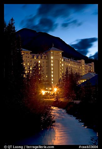 Chateau Lake Louise and stream at night. Banff National Park, Canadian Rockies, Alberta, Canada (color)